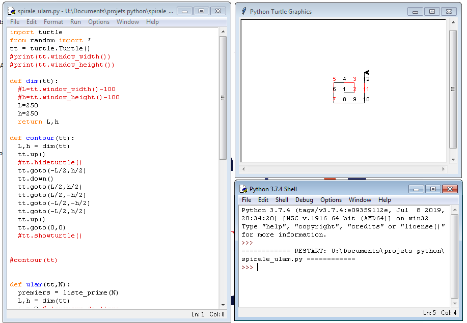 A gauche, l'editeur python, à droite les fenêtres graphique et le shell