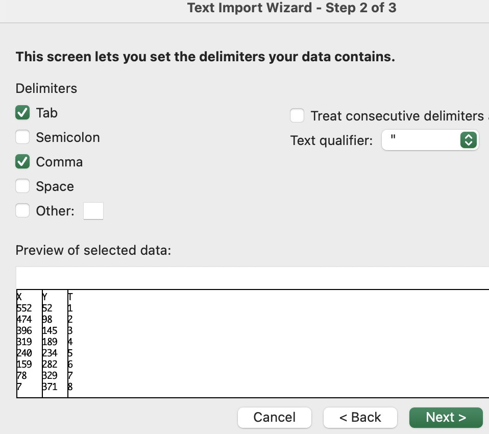 exemple de fenêtre d'aide à l'import (Excel)