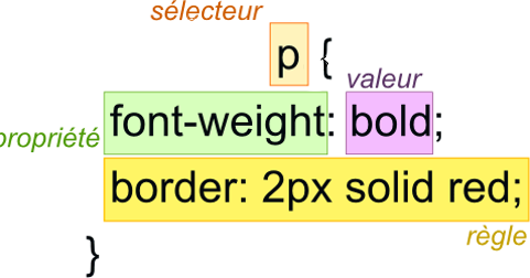 règles CSS associées à tous les éléments p de la page: caractères mis en gras (font-weight: bold) et entourés d'une bordure rouge (border: 2px solid red)