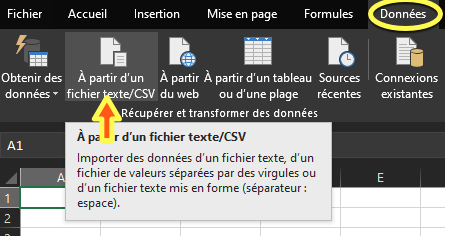 importer un fichier csv depuis le bandeau Données