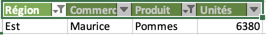 exemple de tableau filtré par Région ET par Produit (n'affiche que la 1ere ligne)