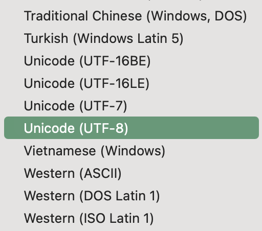 menu deroulant proposant l'encodage des caractères